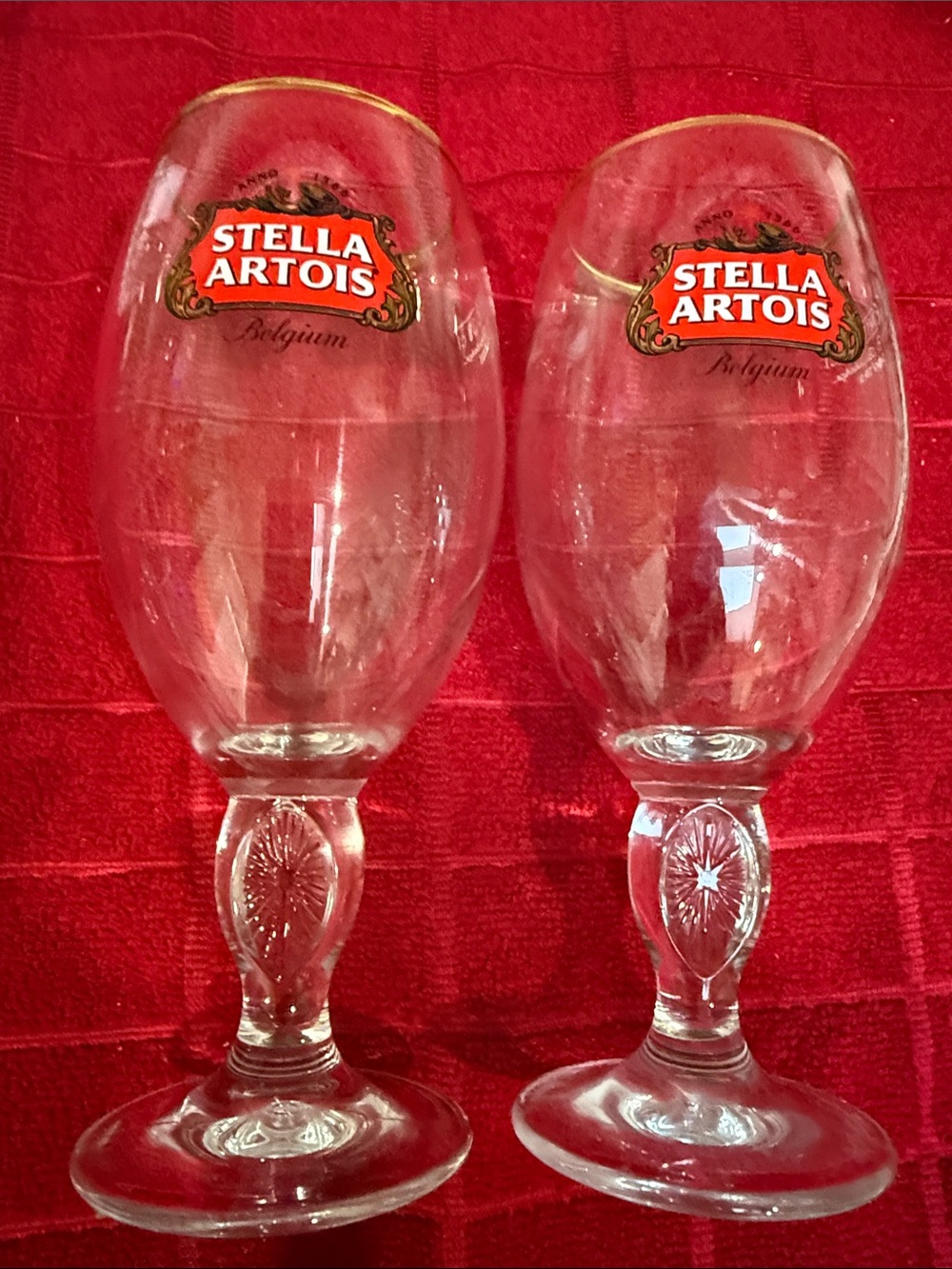Stella Artois Belgium 12 Oz Beer Glasses Set 2 Red Gold Black 7 2/4 Tall 2 3/4